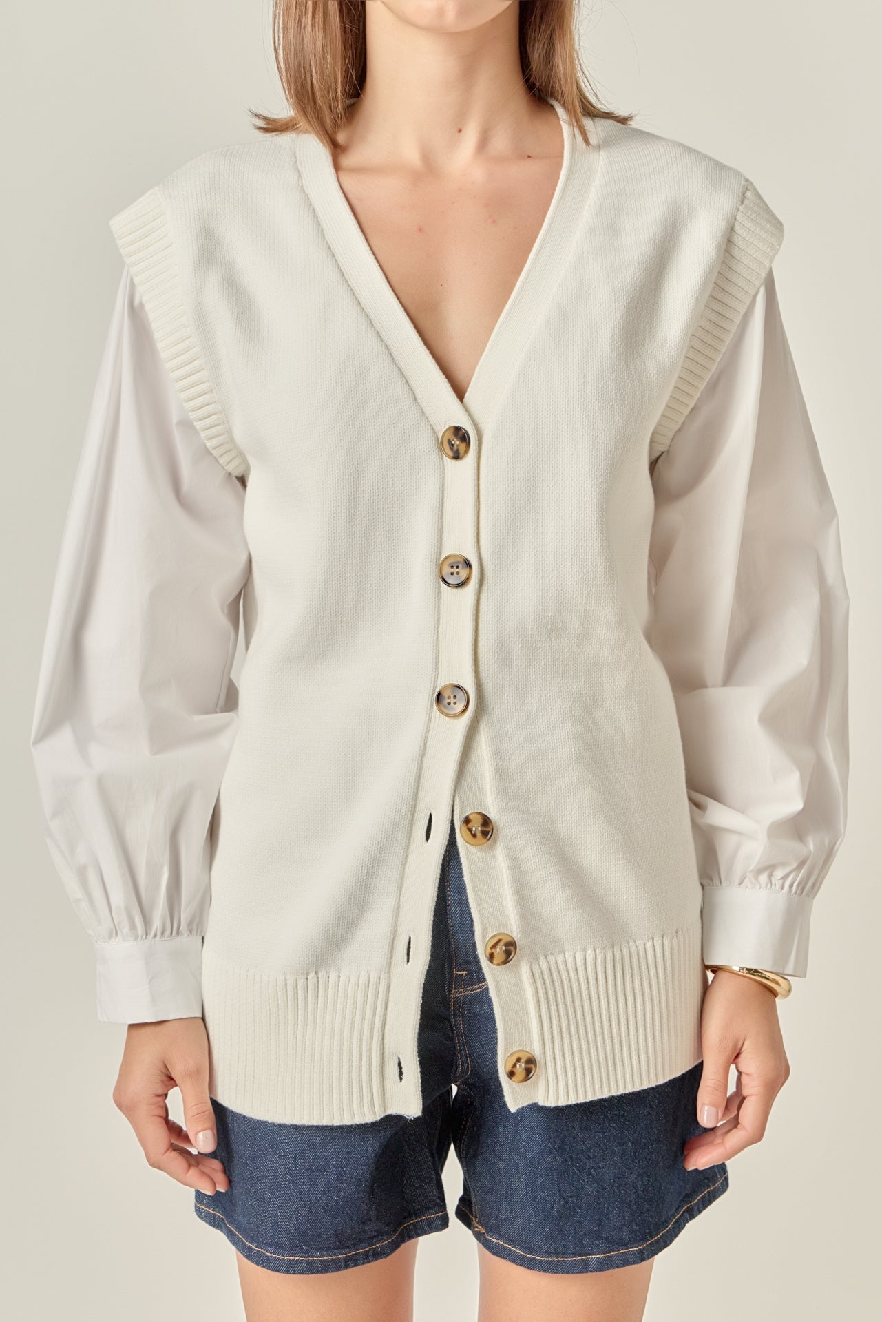 ENGLISH FACTORY - Knit and Poplin Combo Cardigan - SWEATERS & KNITS available at Objectrare