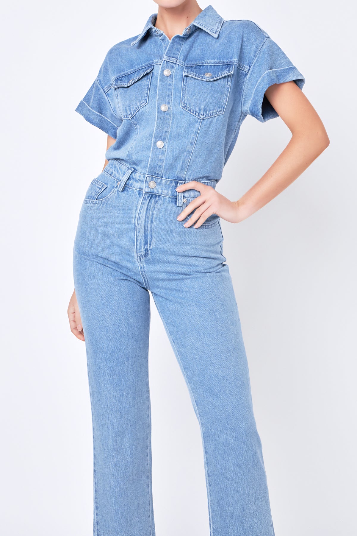 GREY LAB - Short Sleeve Denim Jumpsuit - JUMPSUITS available at Objectrare