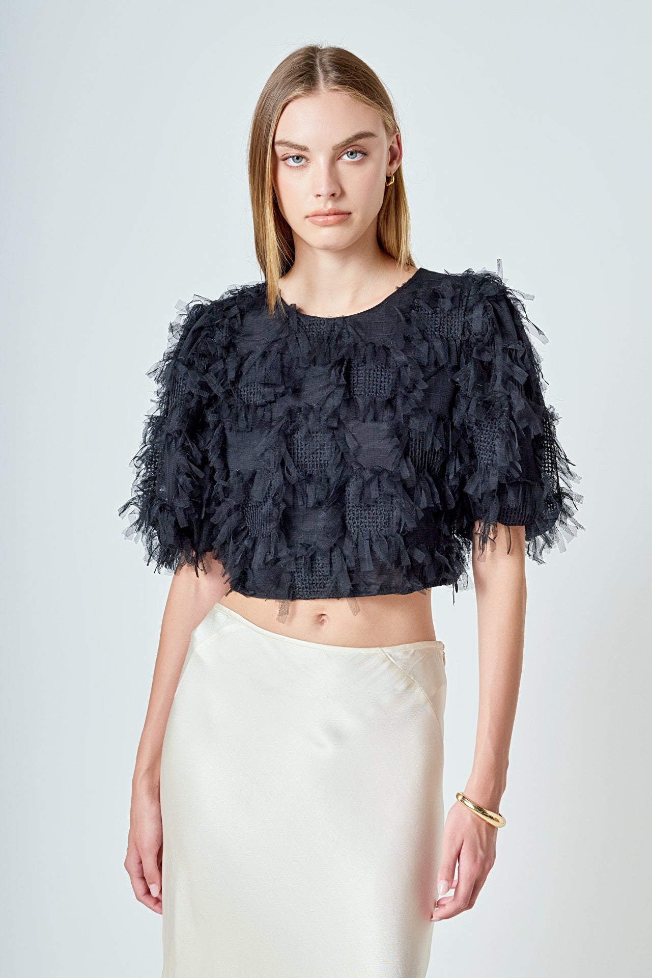 ENDLESS ROSE - Gridded Mesh Feathered Cropped Top - TOPS available at Objectrare