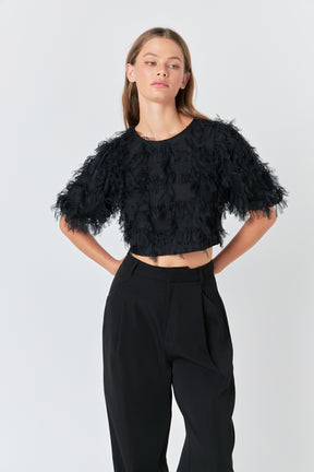 ENDLESS ROSE - Gridded Mesh Feathered Cropped Top - TOPS available at Objectrare