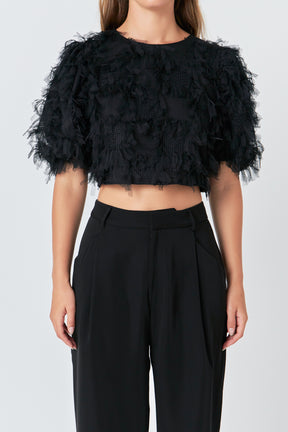 ENDLESS ROSE - Gridded Mesh Feathered Cropped Top - TOPS available at Objectrare