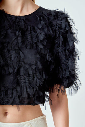 ENDLESS ROSE - Gridded Mesh Feathered Cropped Top - TOPS available at Objectrare