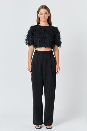 ENDLESS ROSE - Gridded Mesh Feathered Cropped Top - TOPS available at Objectrare