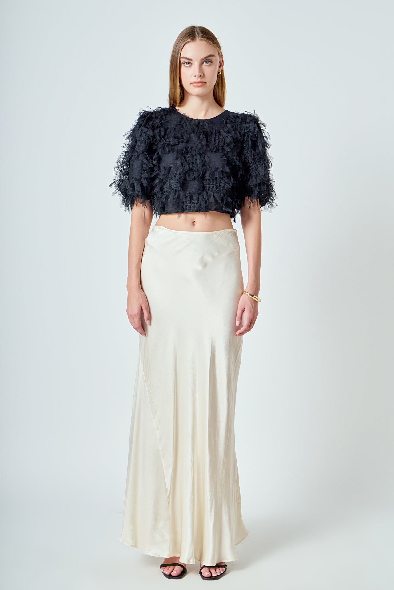 ENDLESS ROSE - Gridded Mesh Feathered Cropped Top - TOPS available at Objectrare