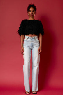 ENDLESS ROSE - Gridded Mesh Feathered Cropped Top - TOPS available at Objectrare
