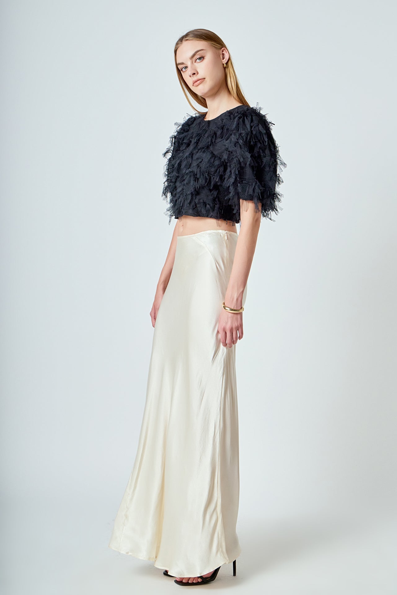 ENDLESS ROSE - Gridded Mesh Feathered Cropped Top - TOPS available at Objectrare