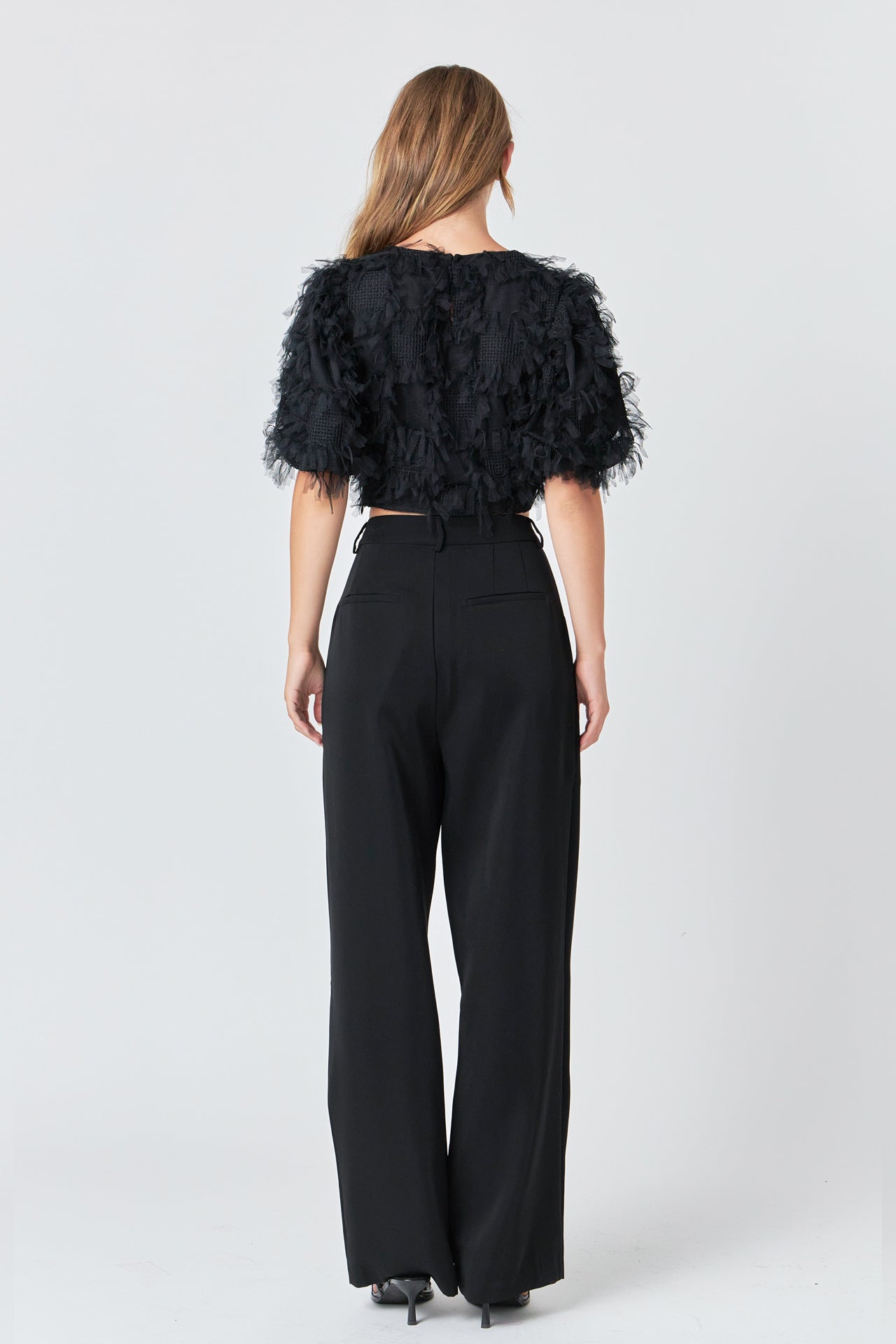 ENDLESS ROSE - Gridded Mesh Feathered Cropped Top - TOPS available at Objectrare