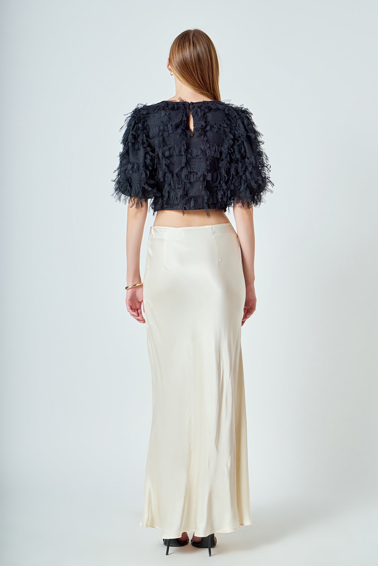 ENDLESS ROSE - Gridded Mesh Feathered Cropped Top - TOPS available at Objectrare