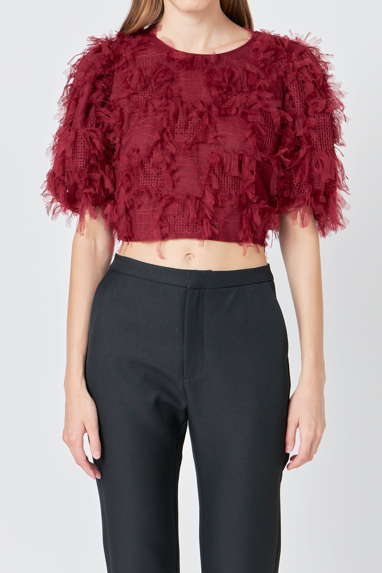 ENDLESS ROSE - Gridded Mesh Feathered Cropped Top - TOPS available at Objectrare