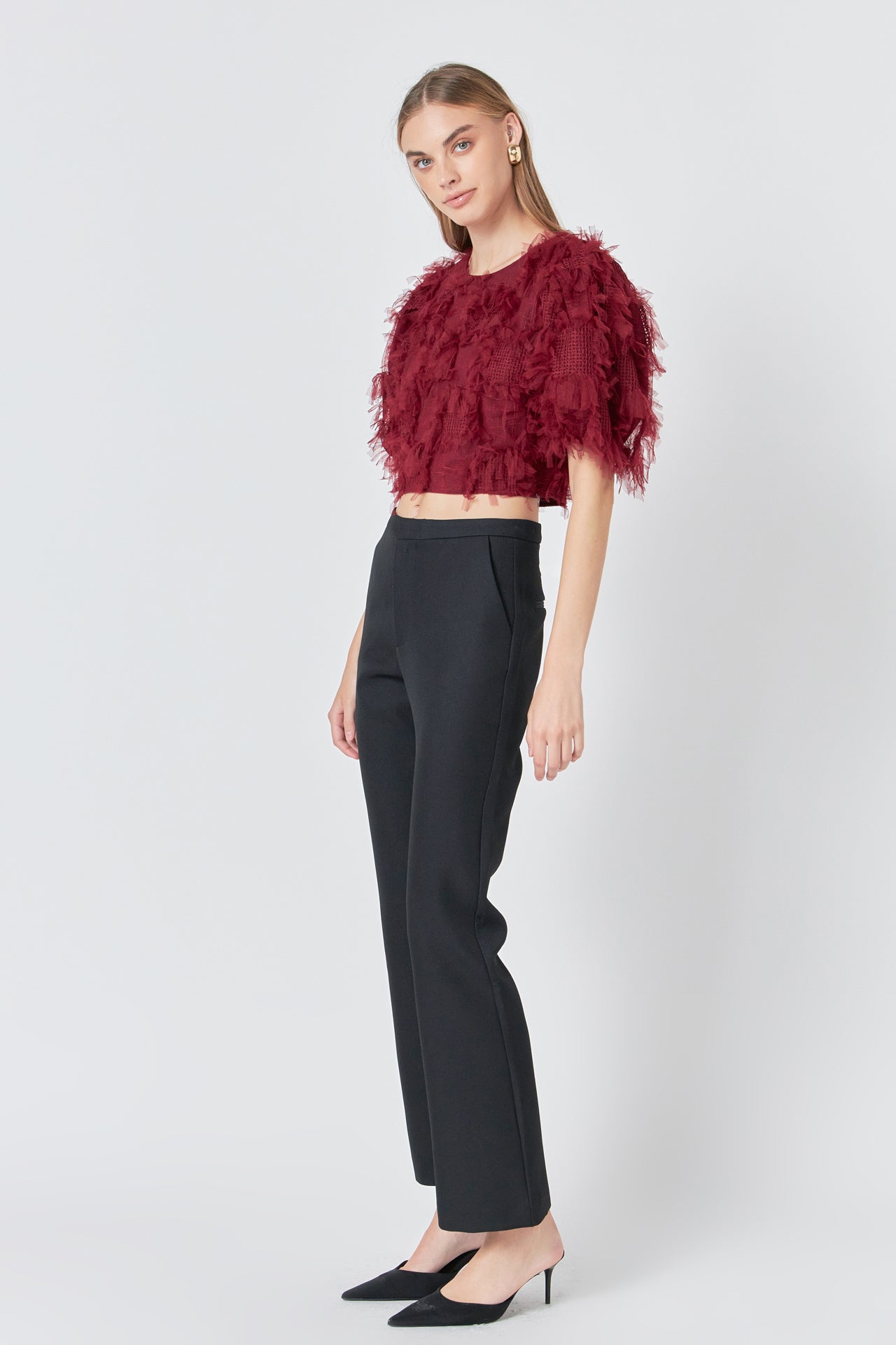 ENDLESS ROSE - Gridded Mesh Feathered Cropped Top - TOPS available at Objectrare