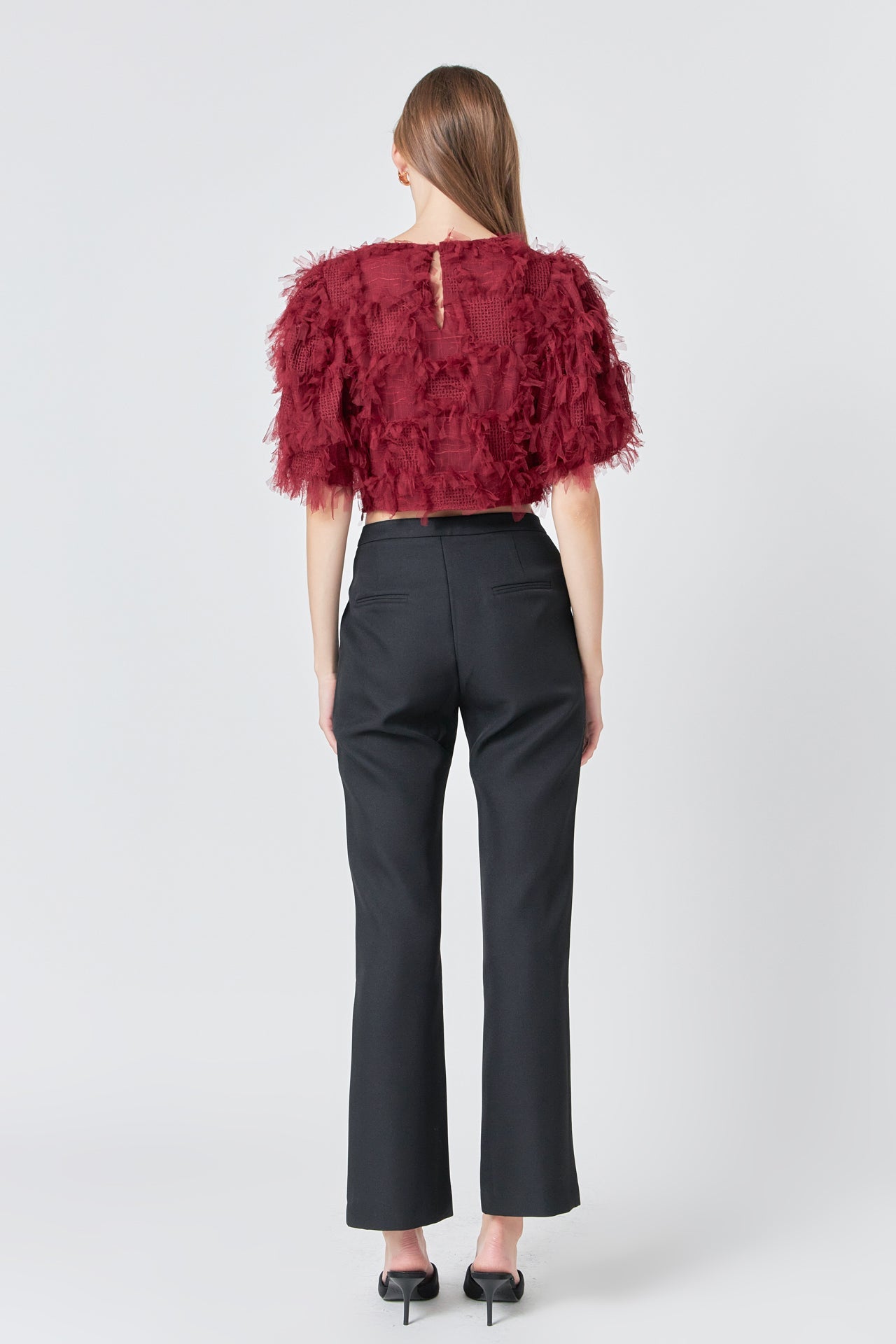 ENDLESS ROSE - Endless Rose - Gridded Mesh Feathered Cropped Top - TOPS available at Objectrare