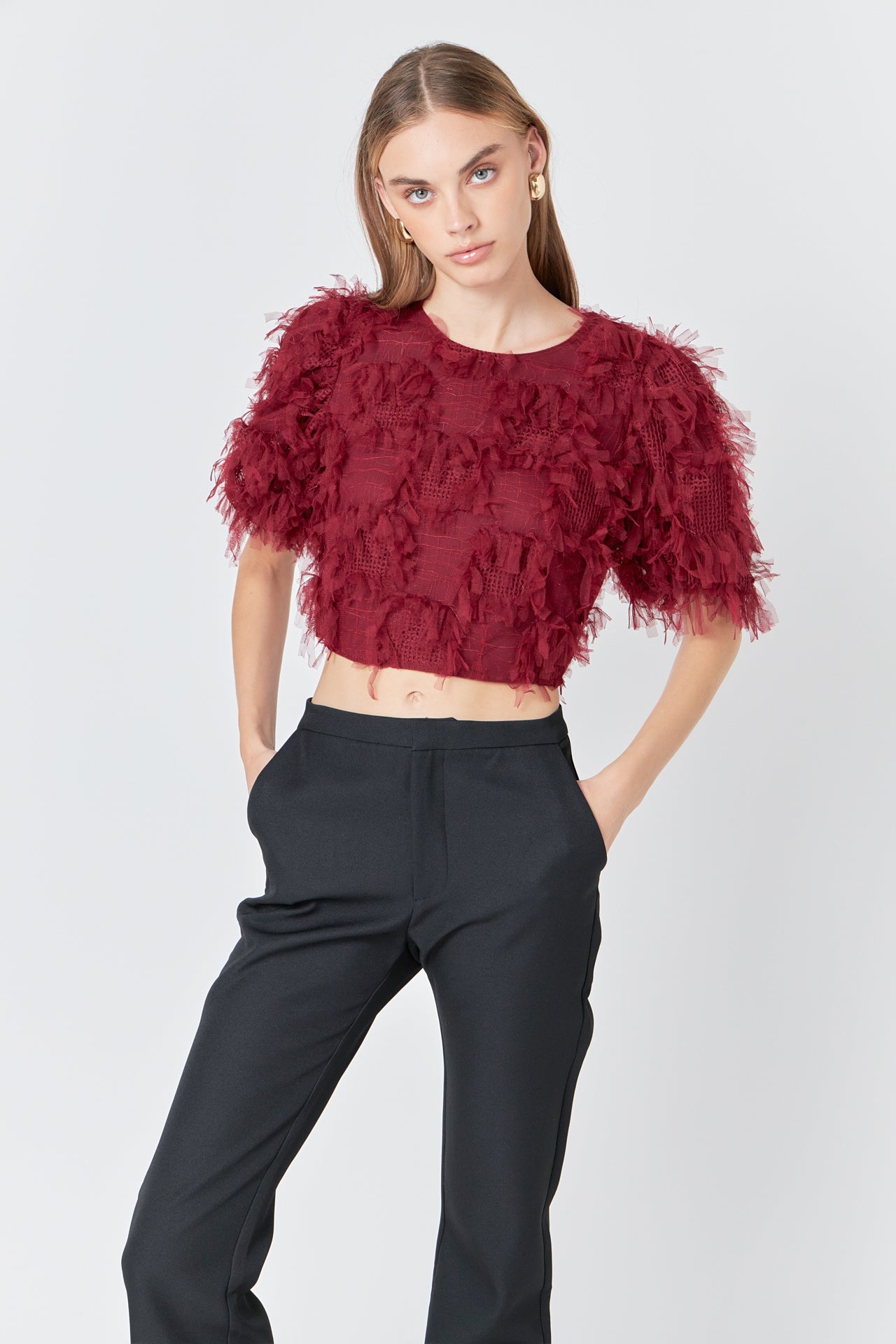 ENDLESS ROSE - Gridded Mesh Feathered Cropped Top - TOPS available at Objectrare