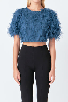 ENDLESS ROSE - Gridded Mesh Feathered Cropped Top - TOPS available at Objectrare