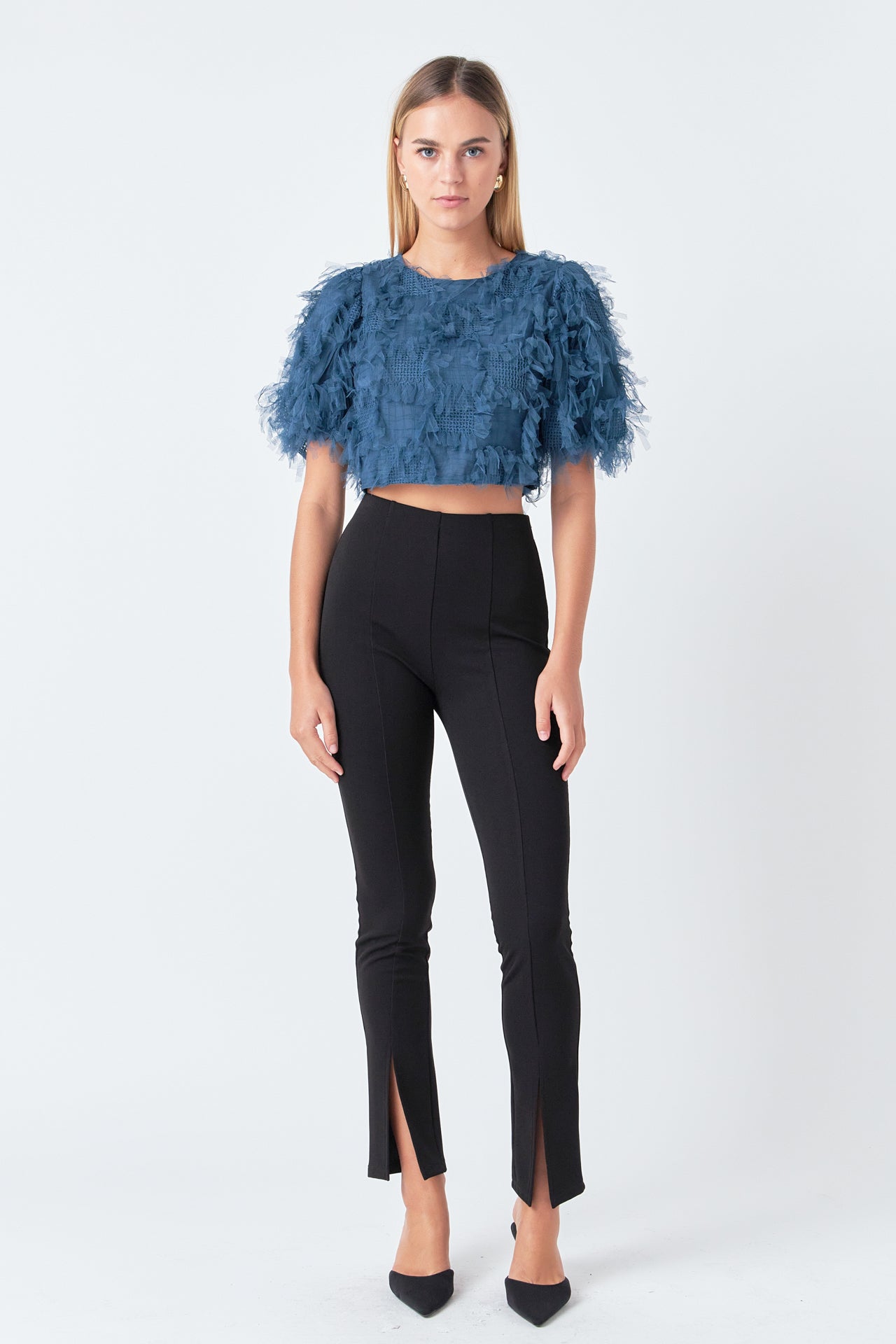 ENDLESS ROSE - Gridded Mesh Feathered Cropped Top - TOPS available at Objectrare