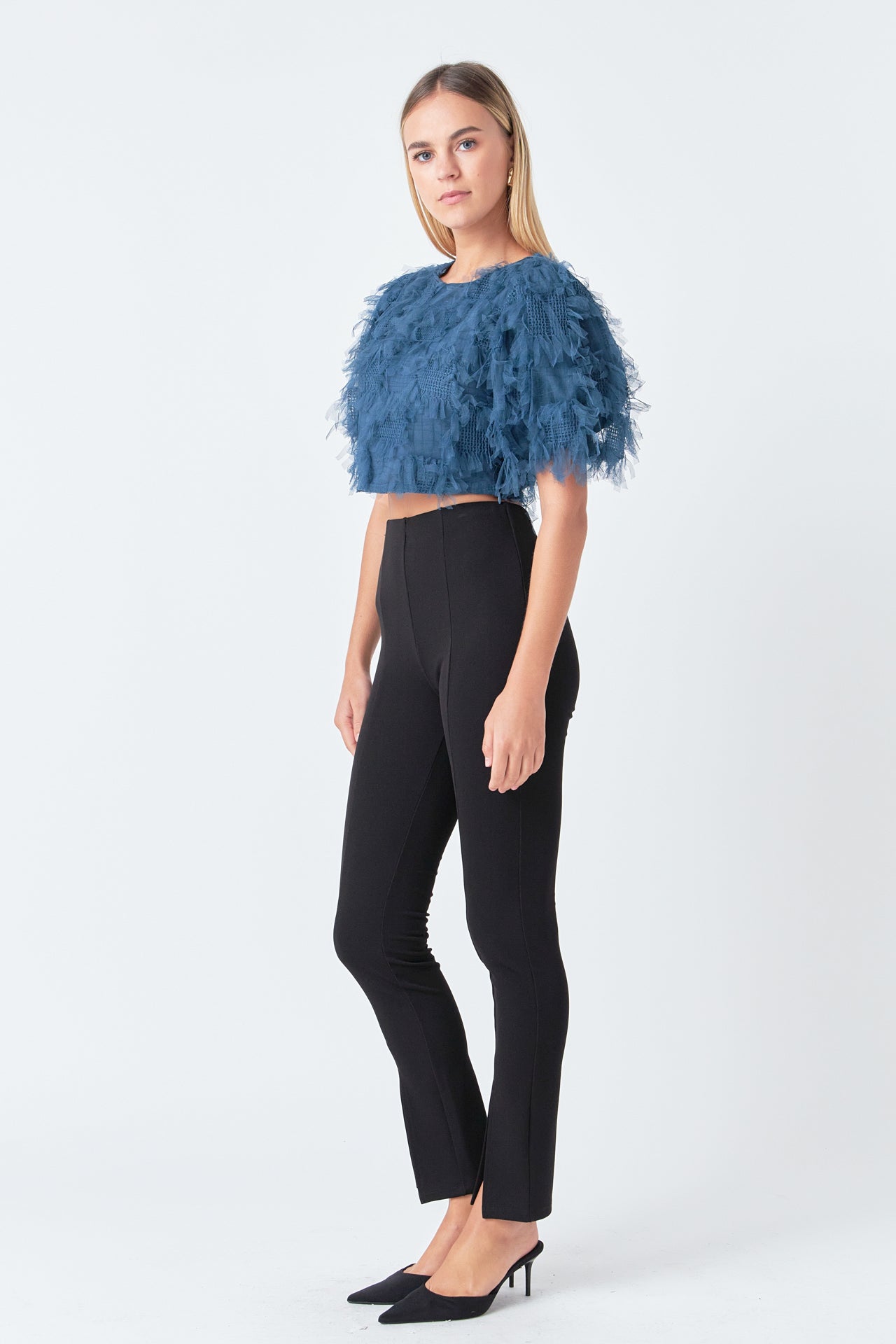 ENDLESS ROSE - Gridded Mesh Feathered Cropped Top - TOPS available at Objectrare