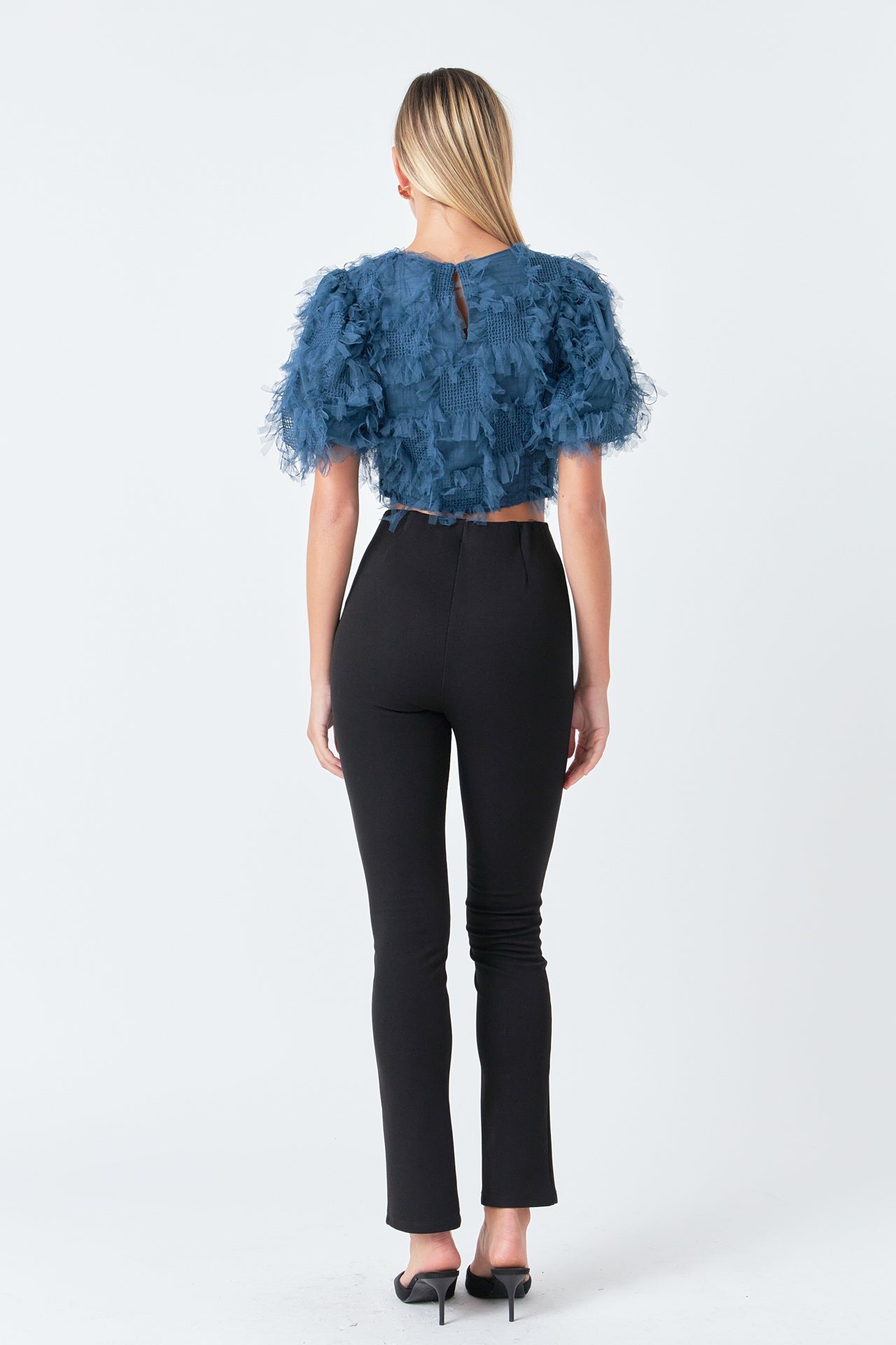 ENDLESS ROSE - Gridded Mesh Feathered Cropped Top - TOPS available at Objectrare