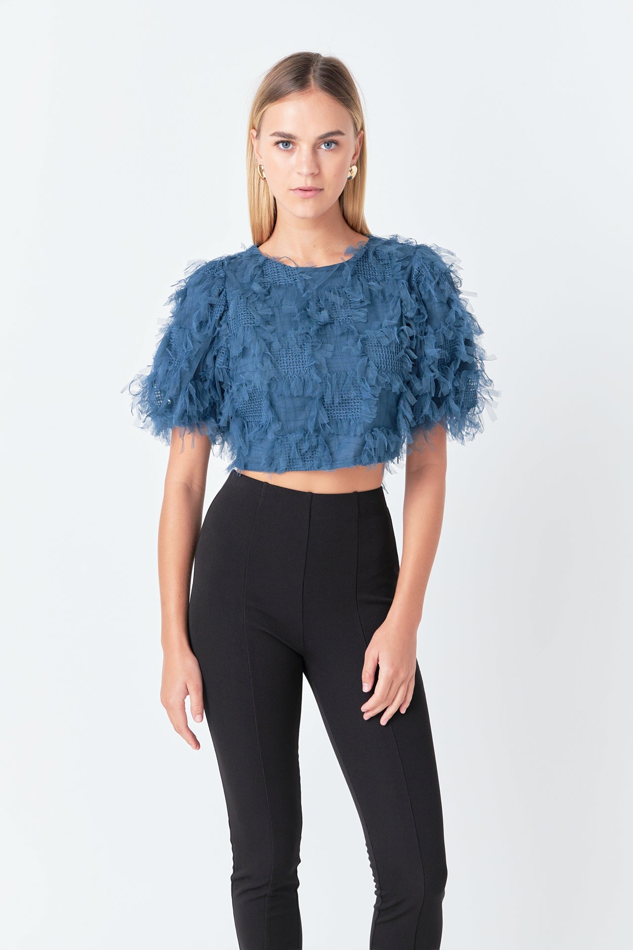 ENDLESS ROSE - Endless Rose - Gridded Mesh Feathered Cropped Top - TOPS available at Objectrare