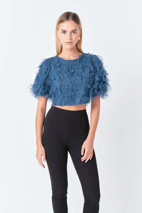 ENDLESS ROSE - Gridded Mesh Feathered Cropped Top - TOPS available at Objectrare