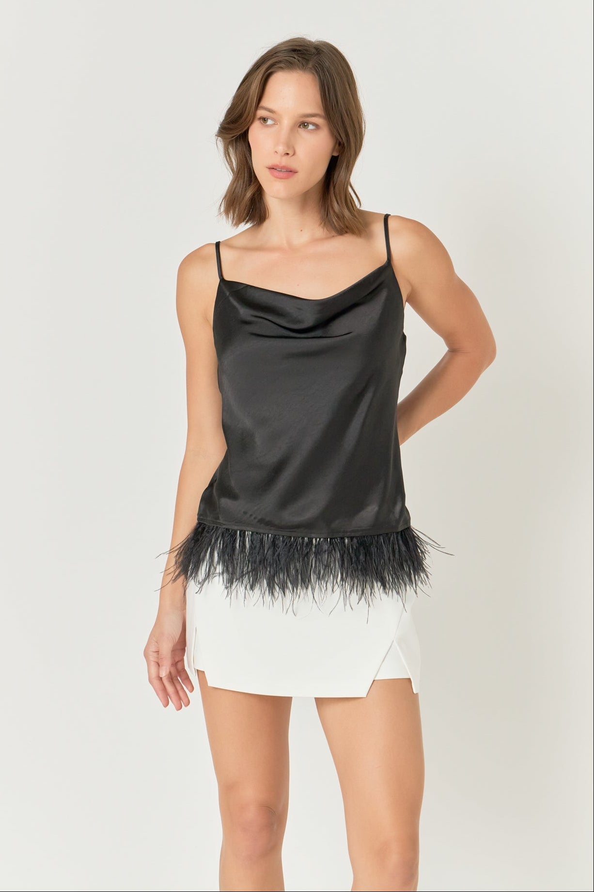 Satin Cowl Neck Top with Feather