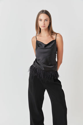 ENDLESS ROSE - Satin Cowl Neck Top with Feather - TOPS available at Objectrare