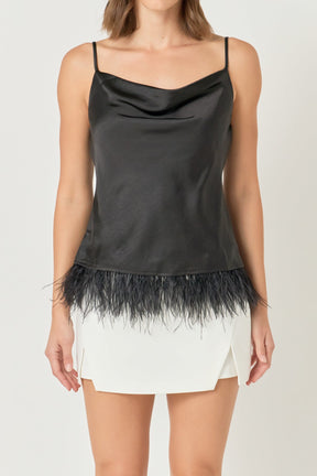 Satin Cowl Neck Top with Feather