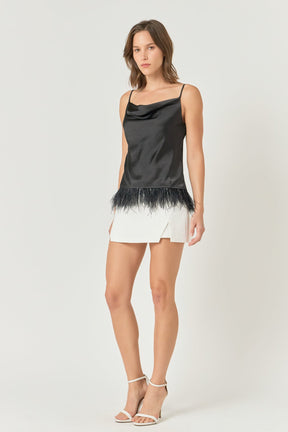 Satin Cowl Neck Top with Feather