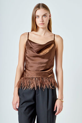 ENDLESS ROSE - Satin Cowl Neck Top with Feather - TOPS available at Objectrare