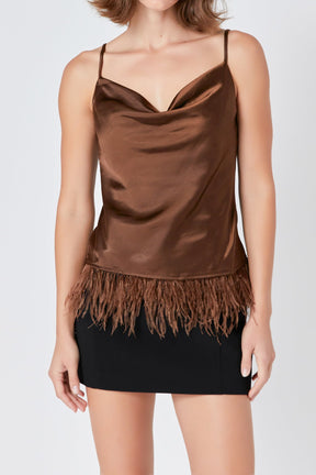 ENDLESS ROSE - Endless Rose - Satin Cowl Neck Top with Feather - TOPS available at Objectrare