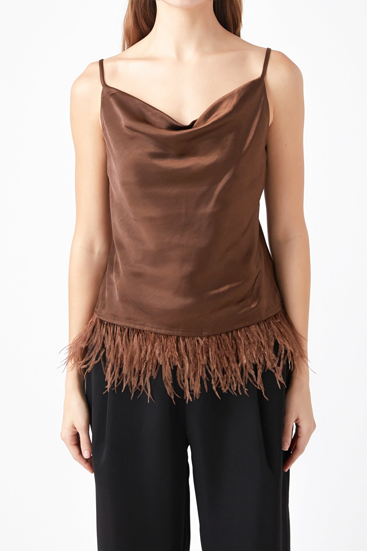 ENDLESS ROSE - Satin Cowl Neck Top with Feather - TOPS available at Objectrare