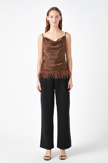 ENDLESS ROSE - Satin Cowl Neck Top with Feather - TOPS available at Objectrare