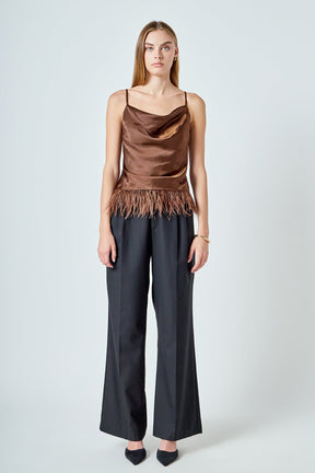 Satin Cowl Neck Top with Feather