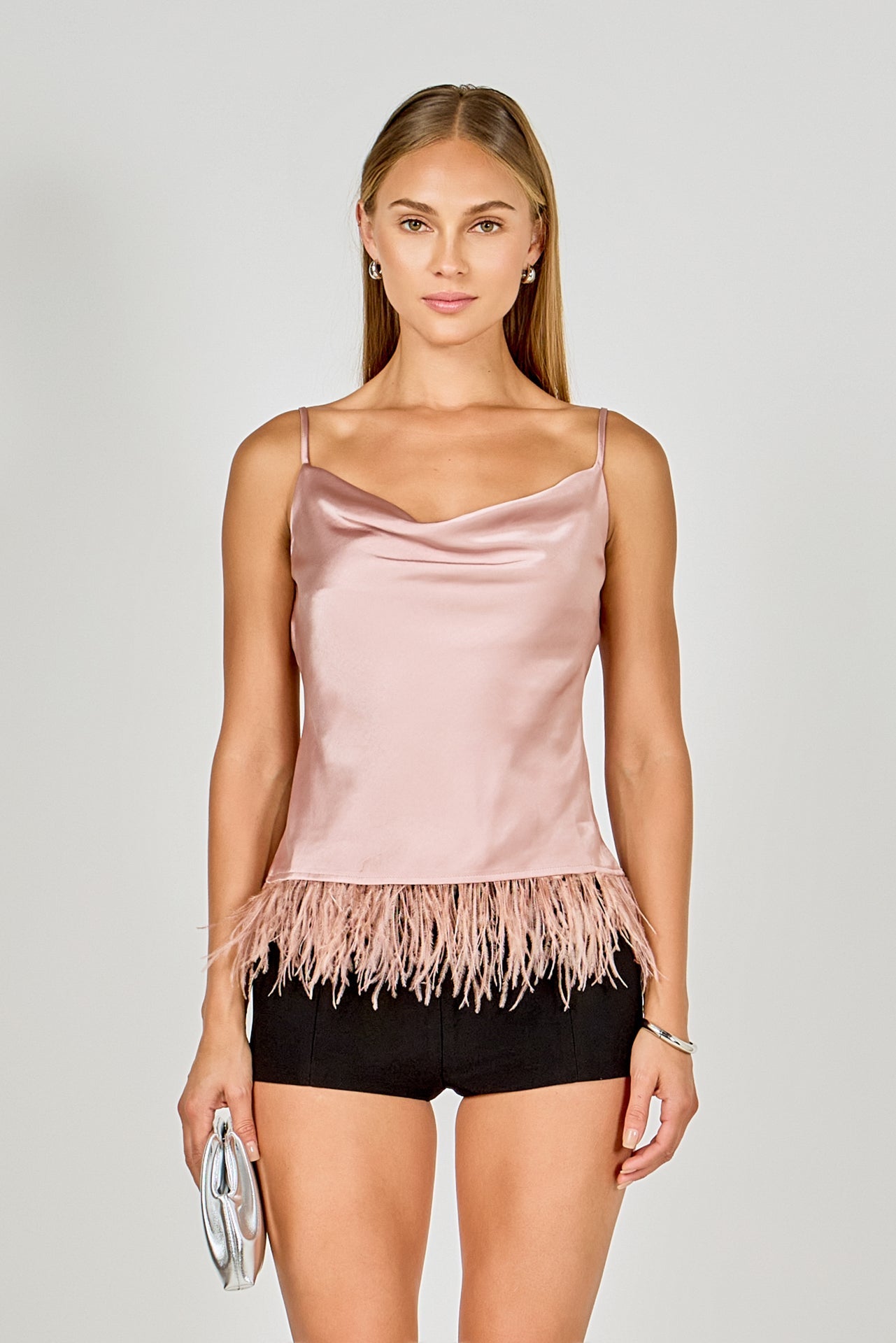 ENDLESS ROSE - Satin Cowl Neck Top with Feather - TOPS available at Objectrare
