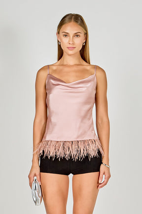 ENDLESS ROSE - Satin Cowl Neck Top with Feather - TOPS available at Objectrare