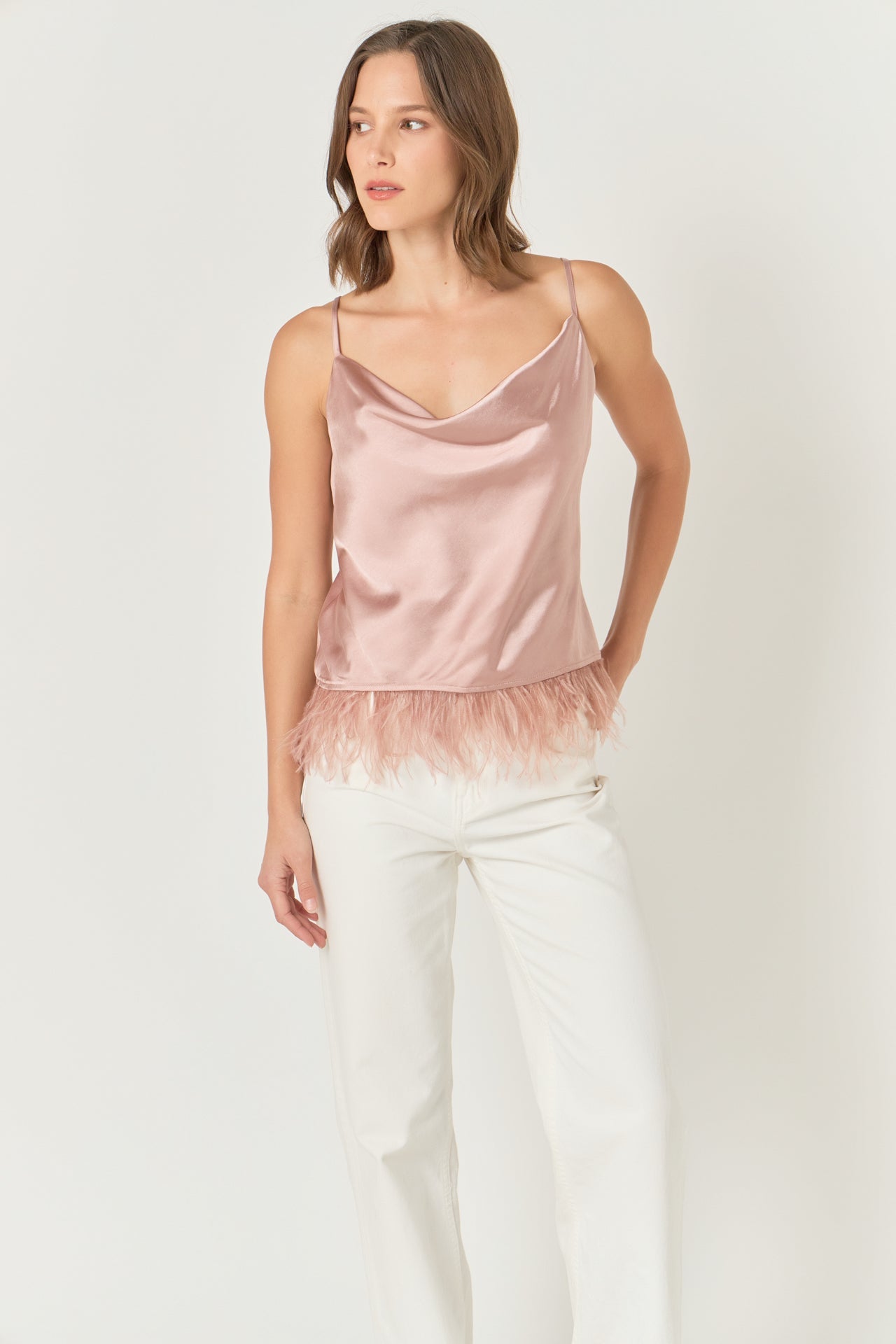 Satin Cowl Neck Top with Feather