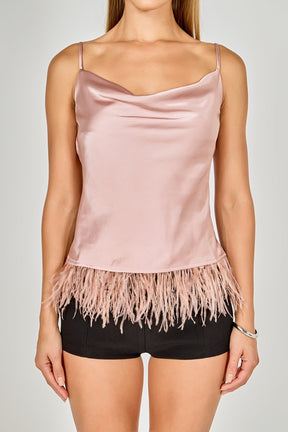 ENDLESS ROSE - Satin Cowl Neck Top with Feather - TOPS available at Objectrare