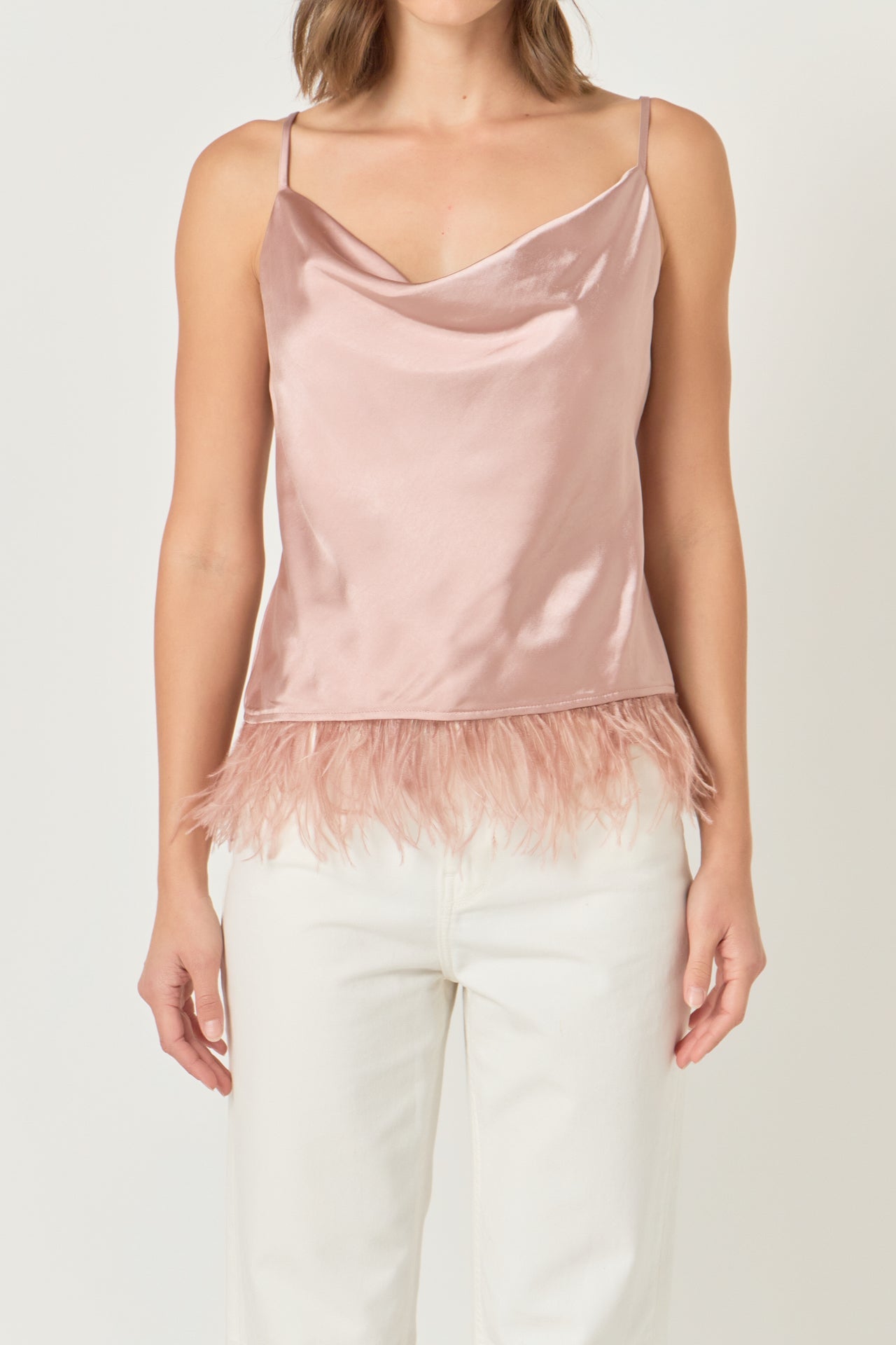 ENDLESS ROSE - Satin Cowl Neck Top with Feather - TOPS available at Objectrare