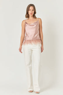 ENDLESS ROSE - Satin Cowl Neck Top with Feather - TOPS available at Objectrare