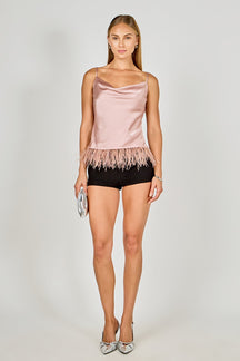 ENDLESS ROSE - Satin Cowl Neck Top with Feather - TOPS available at Objectrare