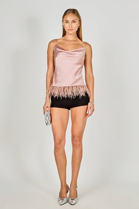 ENDLESS ROSE - Satin Cowl Neck Top with Feather - TOPS available at Objectrare
