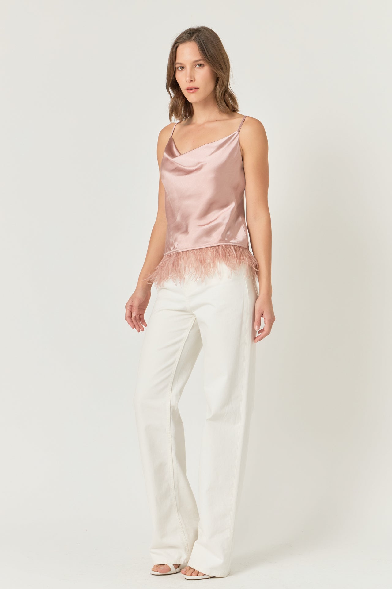 Satin Cowl Neck Top with Feather