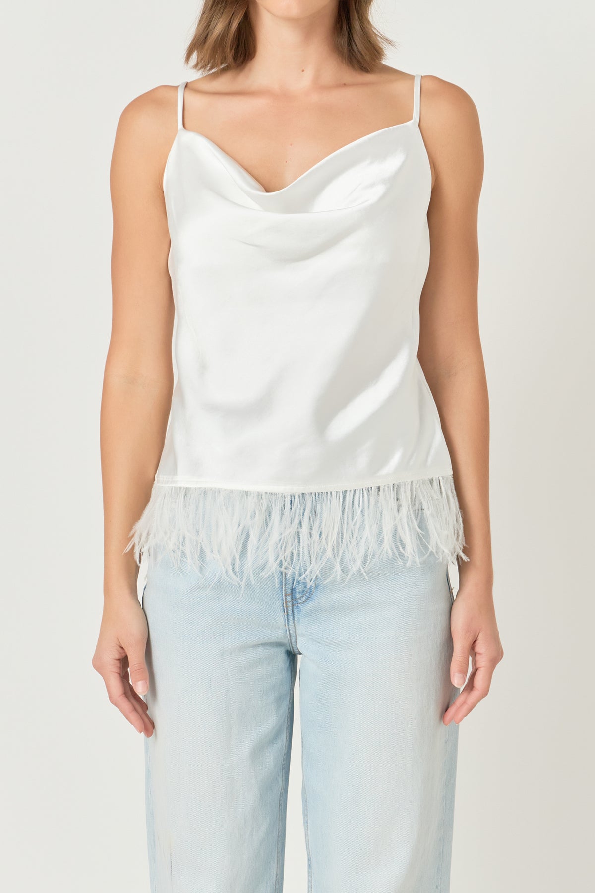 ENDLESS ROSE - Satin Cowl Neck Top with Feather - TOPS available at Objectrare