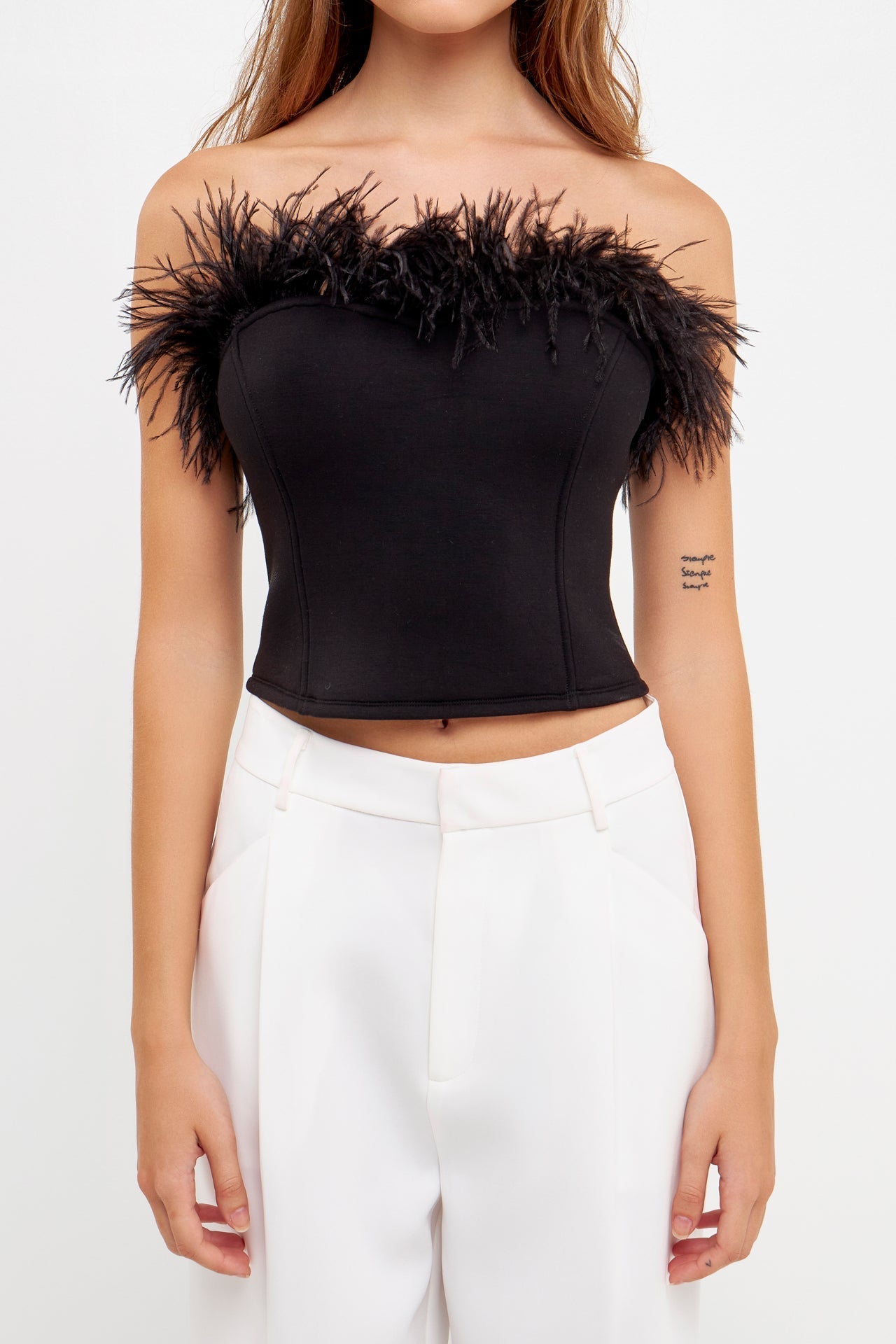 ENDLESS ROSE - Strapless Knit Feather Top - TOPS available at Objectrare