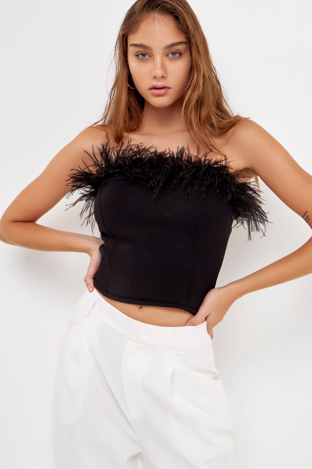 ENDLESS ROSE - Strapless Knit Feather Top - TOPS available at Objectrare