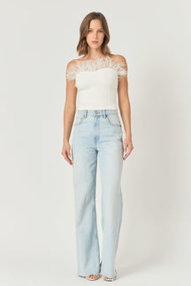 ENDLESS ROSE - Strapless Knit Feather Top - TOPS available at Objectrare