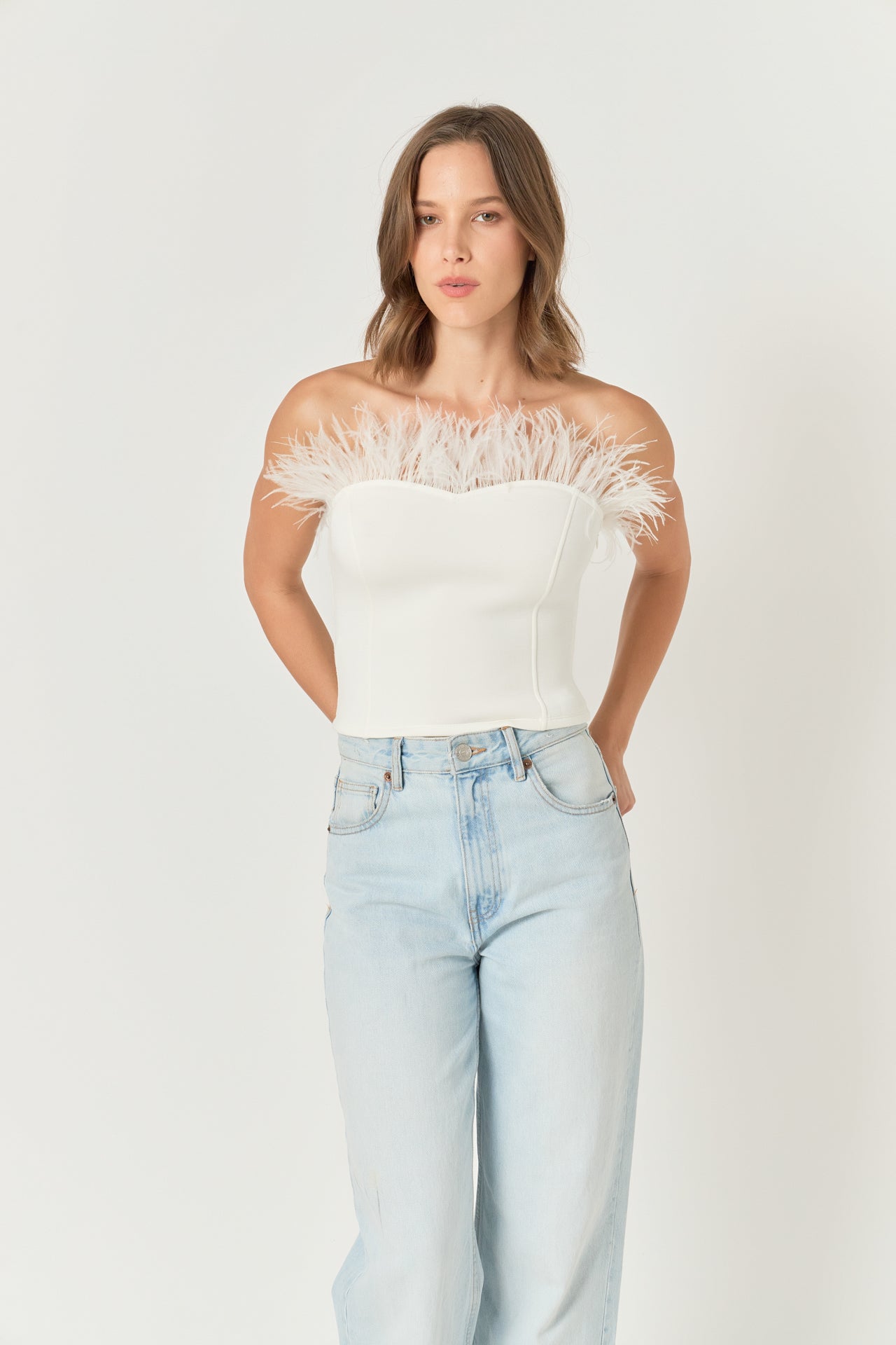 ENDLESS ROSE - Strapless Knit Feather Top - TOPS available at Objectrare