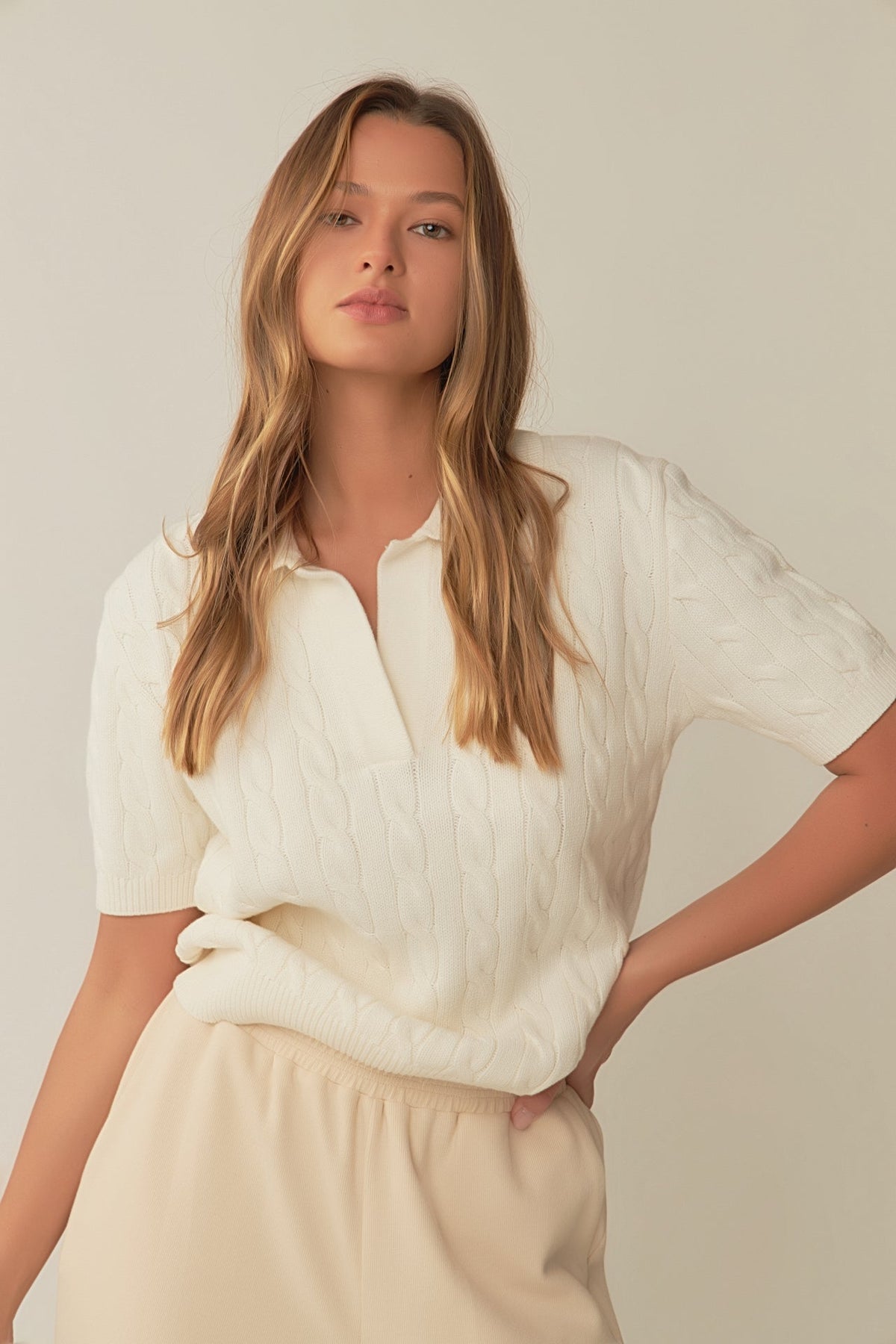 GREY LAB - Cable Knit Polo Top - TOPS available at Objectrare