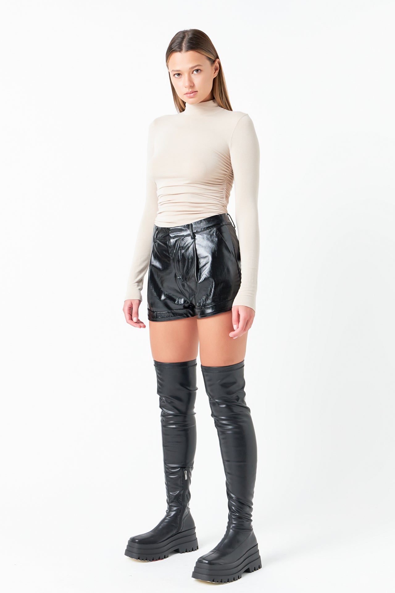 GREY LAB - Mid-Waisted Faux Leather Shorts - SHORTS available at Objectrare