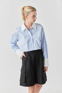 GREY LAB - Cotton Cropped Contrast Shirt - SHIRTS & BLOUSES available at Objectrare