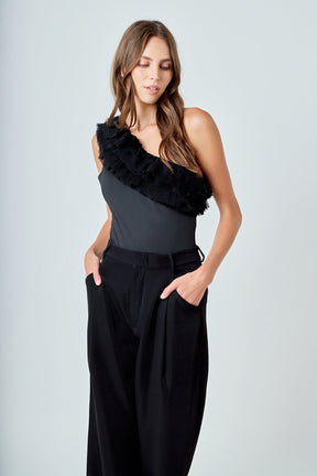 ENDLESS ROSE - Ruffled Asymmetrical Bodysuit - TOPS available at Objectrare