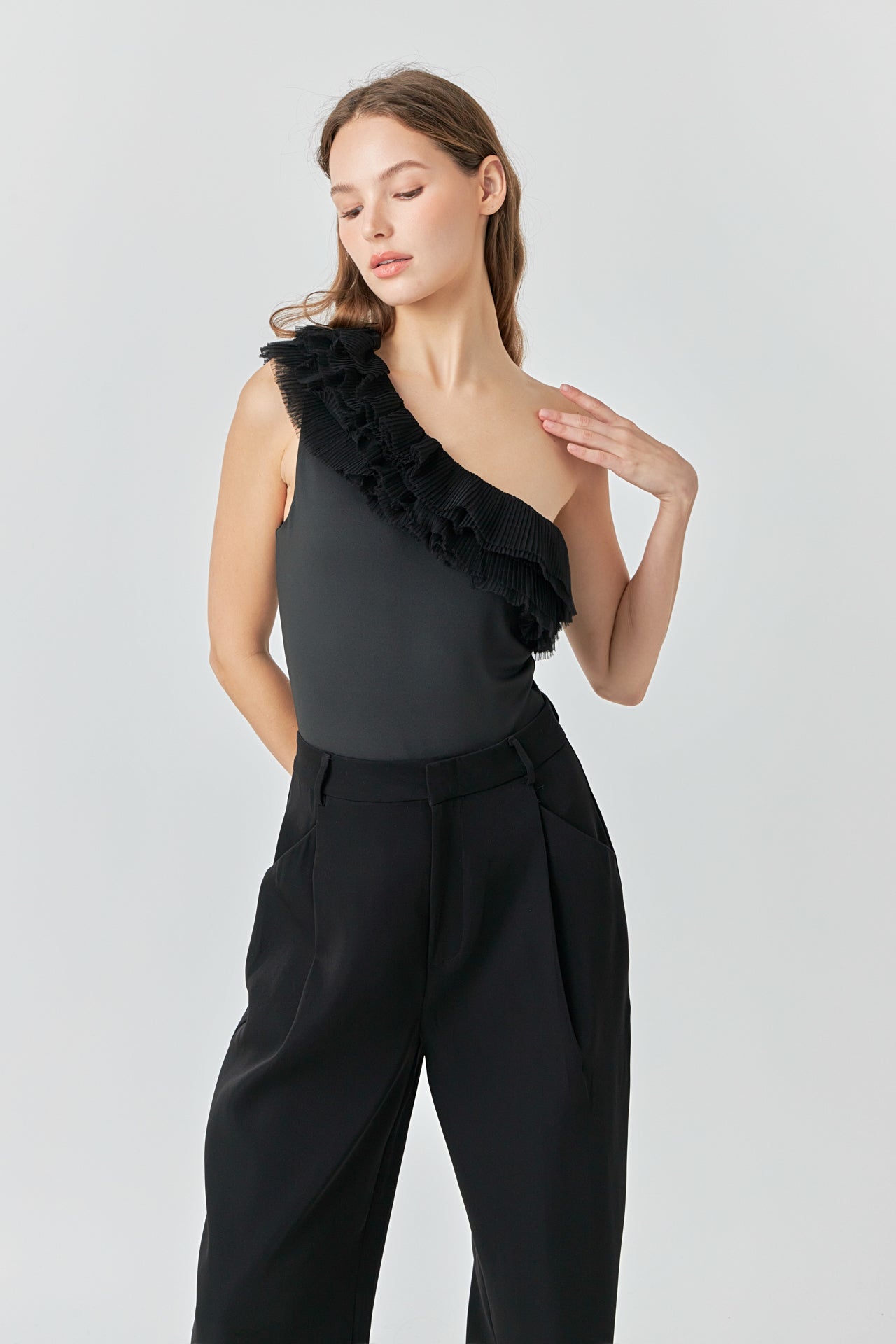 ENDLESS ROSE - Ruffled Asymmetrical Bodysuit - TOPS available at Objectrare